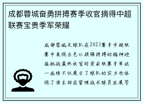 成都蓉城奋勇拼搏赛季收官摘得中超联赛宝贵季军荣耀
